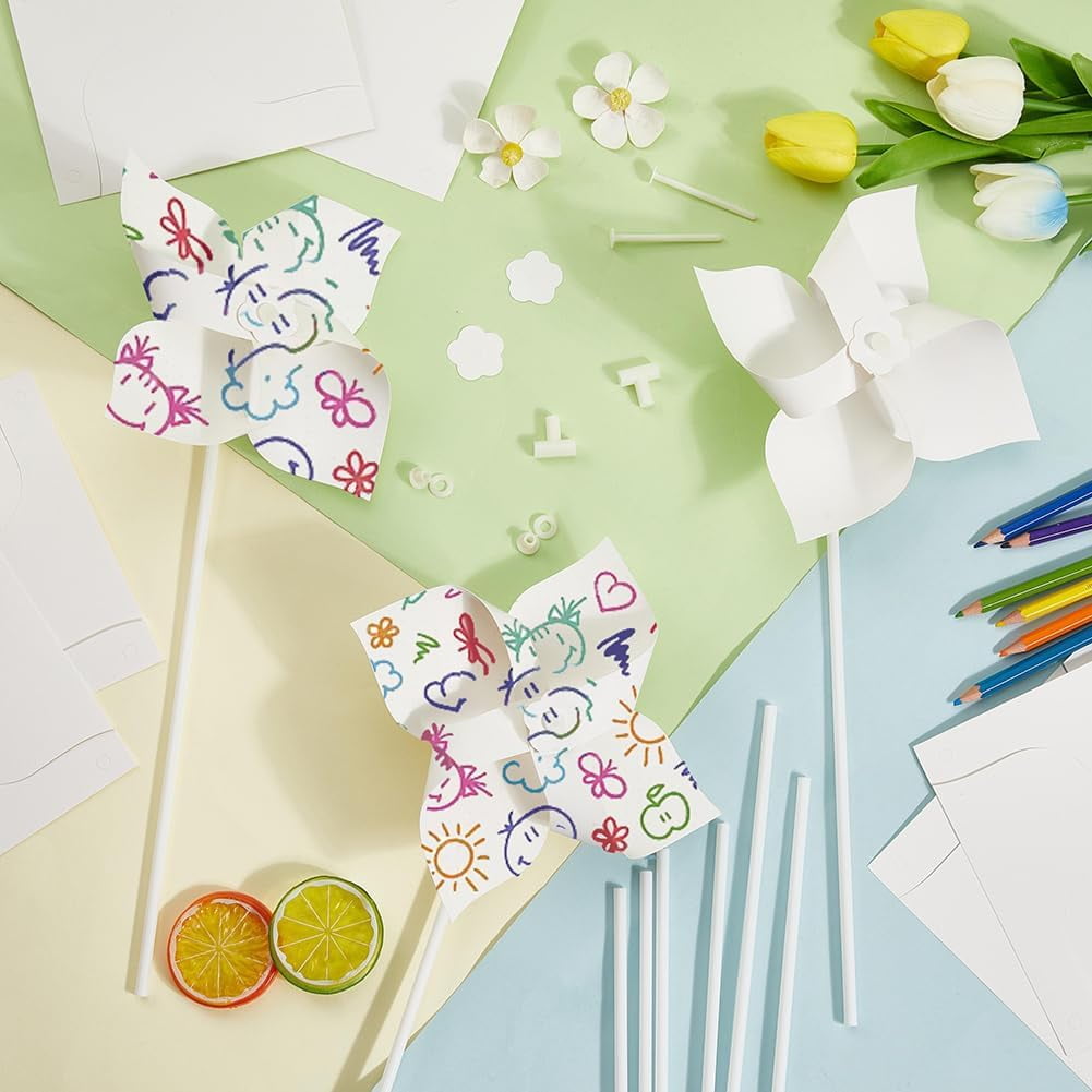 1Set 48 Sets Paper & PVC Blank DIY Pinwheels Craft for Kids Art and Craft White 155x155x0.2mm