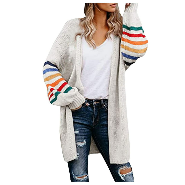 Vintage Cardigan Ladies Overcoat Plus Size Warm Rainbow Stripe Print Long Cardigan Button down Sweaters for Women Womens Lightweight Cardigan Sweaters