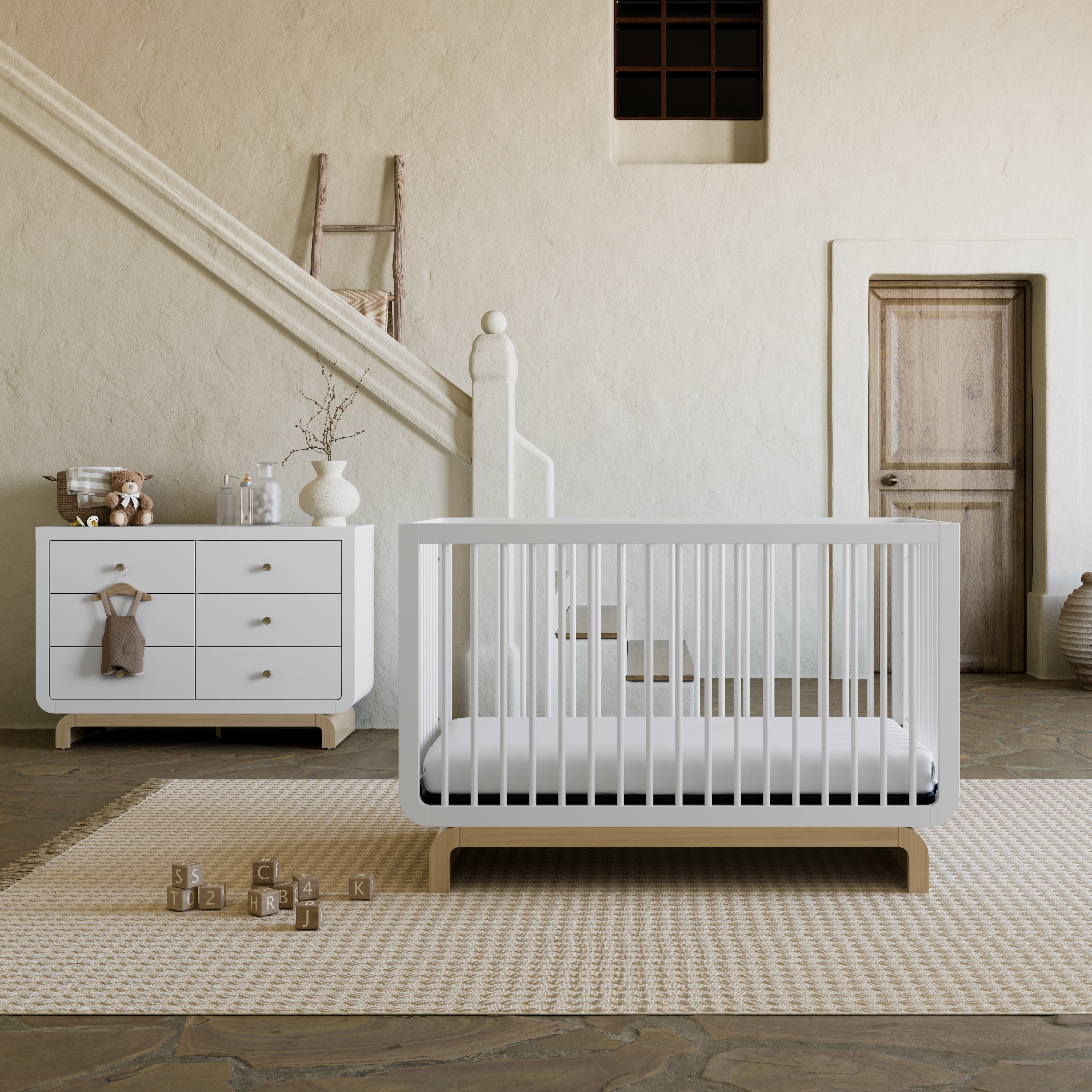 Art of Nursery by Storkcraft Santorini 5-in-1 Convertible Baby Crib, White with Driftwood