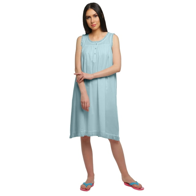 Moomaya Cotton A-Line Sleepwear For Ladies Round Neck Button Placket Nightdress