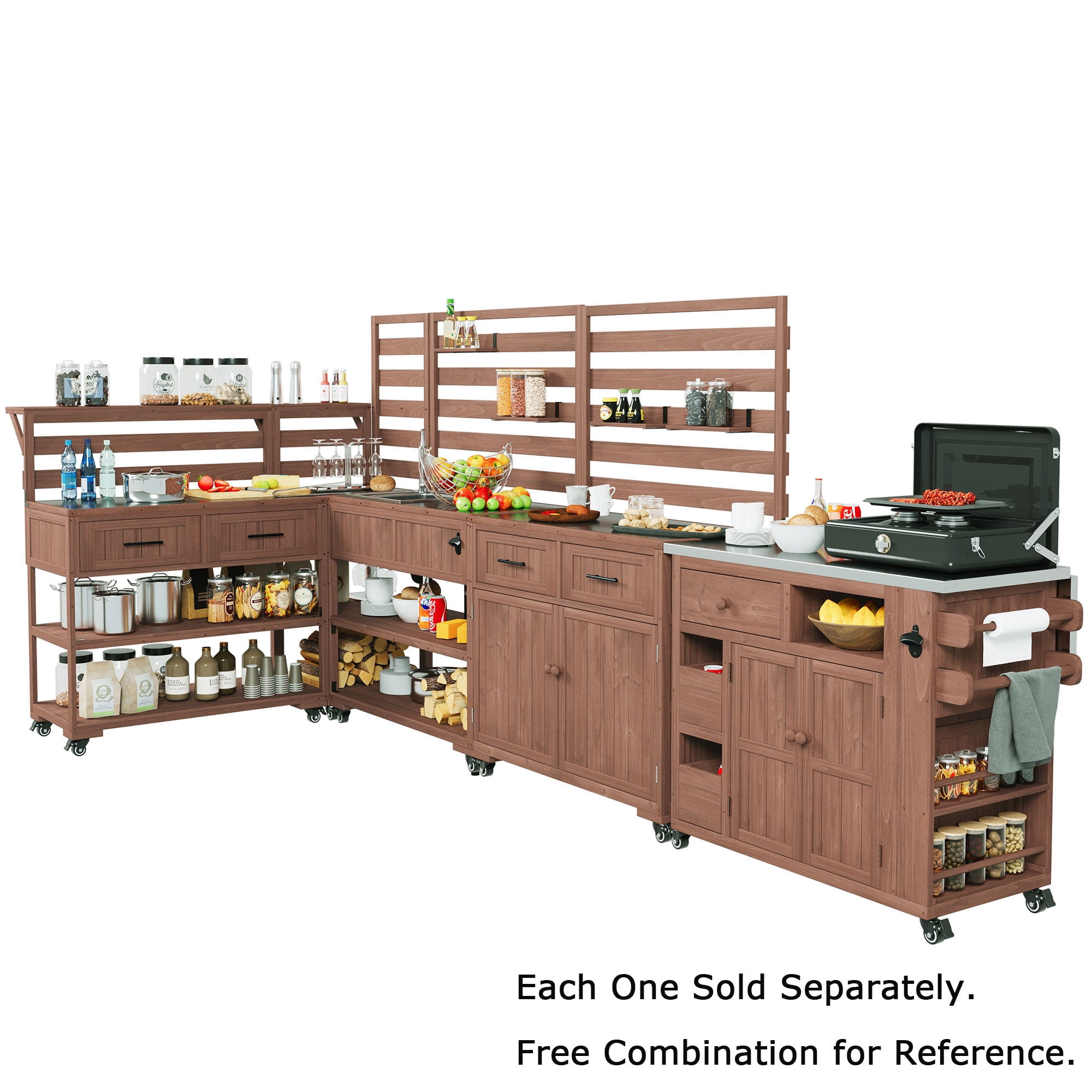 Mintazer 28" Extendable Outdoor Kitchen Island Cart with Stainless Steel Top & Side Spice Rack, Rolling Kitchen Island with Drawers & Storage, Brown
