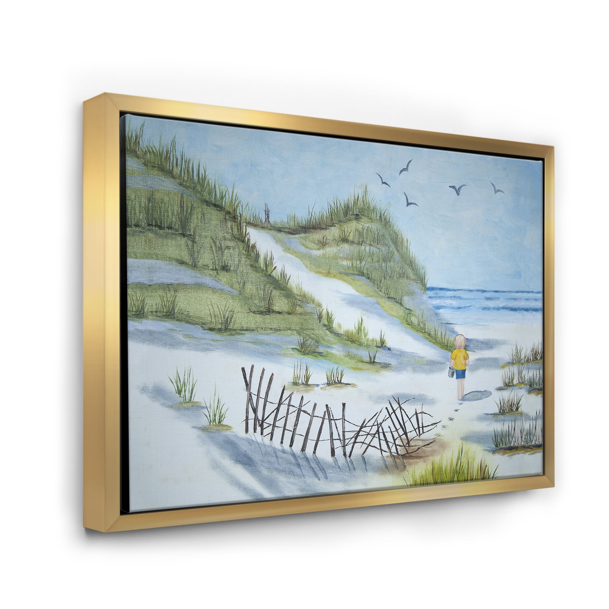 Designart 'Child Walking to The Beach' Nautical & Coastal Framed Canvas Wall Art Print