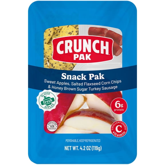 Crunch Pak Snack Pak Fresh Apple Slices, Salted Flaxseed Corn Chips & Honey Brown Turkey Sausage, 4.2oz Tray