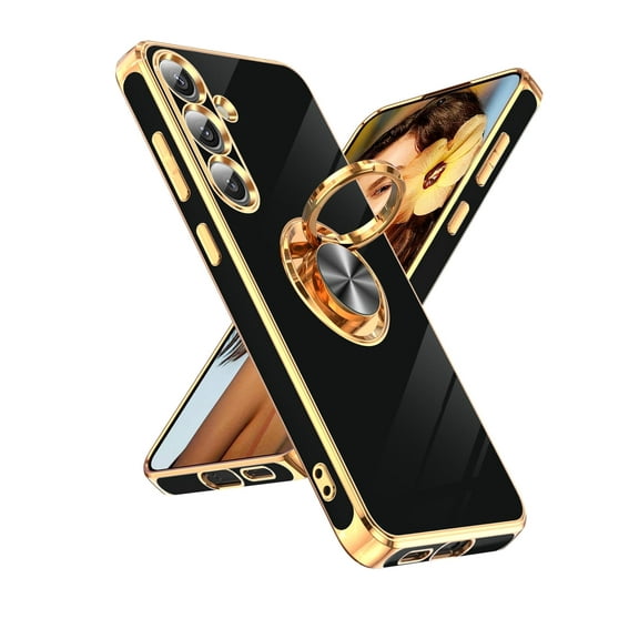 LeYi for Samsung Galaxy S24 5G CaseHolder Magnetic Kickstand, Plating Rose Gold Edge Protective Case for Samsung S24, Black