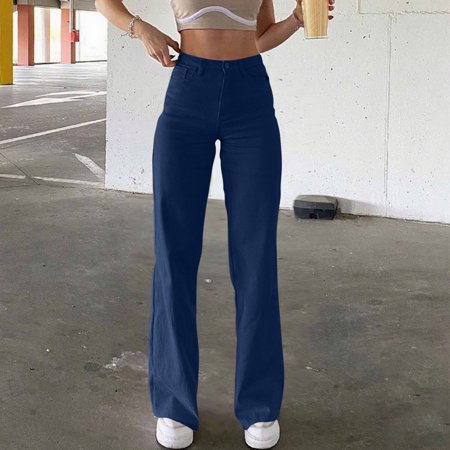 ITSAME Womens Straight Leg Jeans with Pockets Classic Fit High Waisted Stretch Fashion Denim Trousers Dark Blue S