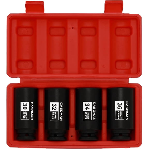 CASOMAN 1/2-inch Drive Deep Spindle Axle Nut Impact Socket Set,12 Point Metric, CR-MO, 30,32,34,36mm, 4-Piece 1/2" Heavy Duty Impact Socket Set