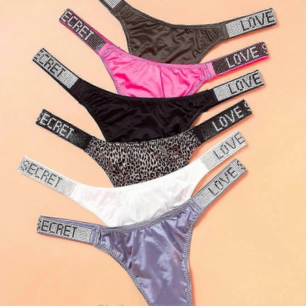 JUEGE* 6pcs Letter Rhinestone Thongs, Low Waist Stretchy Sports Panties, Women's Lingerie & Underwear