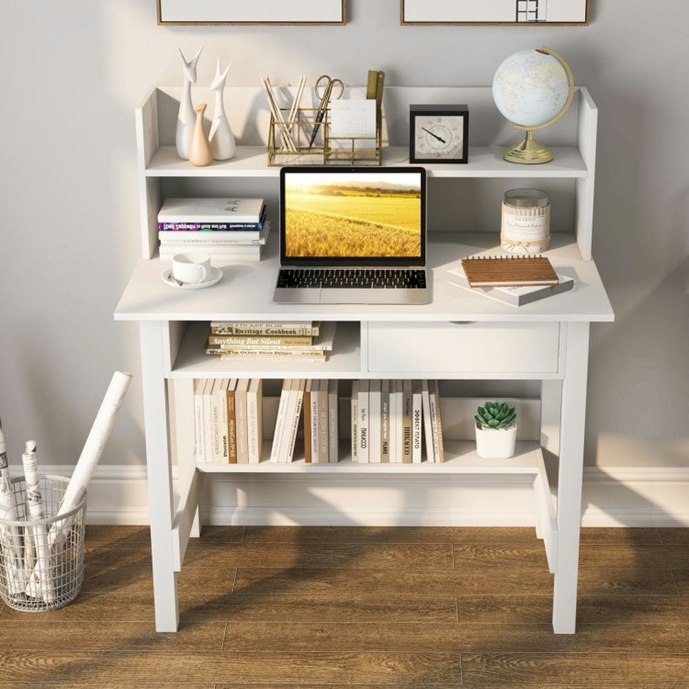 Demi Bonn Home Office Computer Desk with Storage Shelves and Drawer Ideal for Working and Studying, White