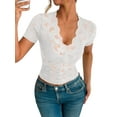 thumbnail image 2 of Mesh Top for Women Short Sleeve Crew Neck Fitted Top Solid Floral Lace Tee Shirts V Neck Sheer Blouses White S, 2 of 7