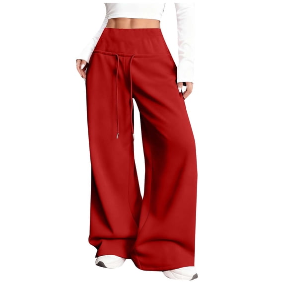 AHTJRT Women's High Waisted Pants Stretchy Elastic Waist Trousers with Drawstrings Casual Solid Baggy Wide Leg Slacks Pants Red L