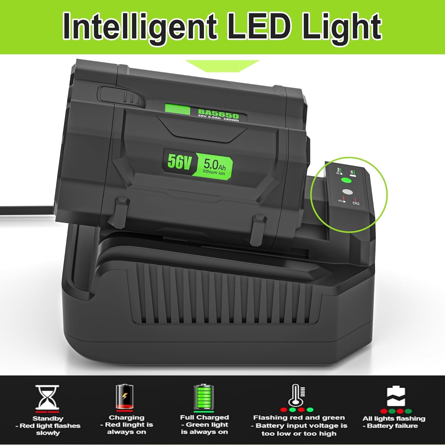 For EGO Power+ 56V 4A Battery Rapid Charger replacement EGO 56V Battery Charger CH2100 CH3200 CH5500, Compatible with All EGO 56V Battery BA2800 BA1400 BA5635 BA4200