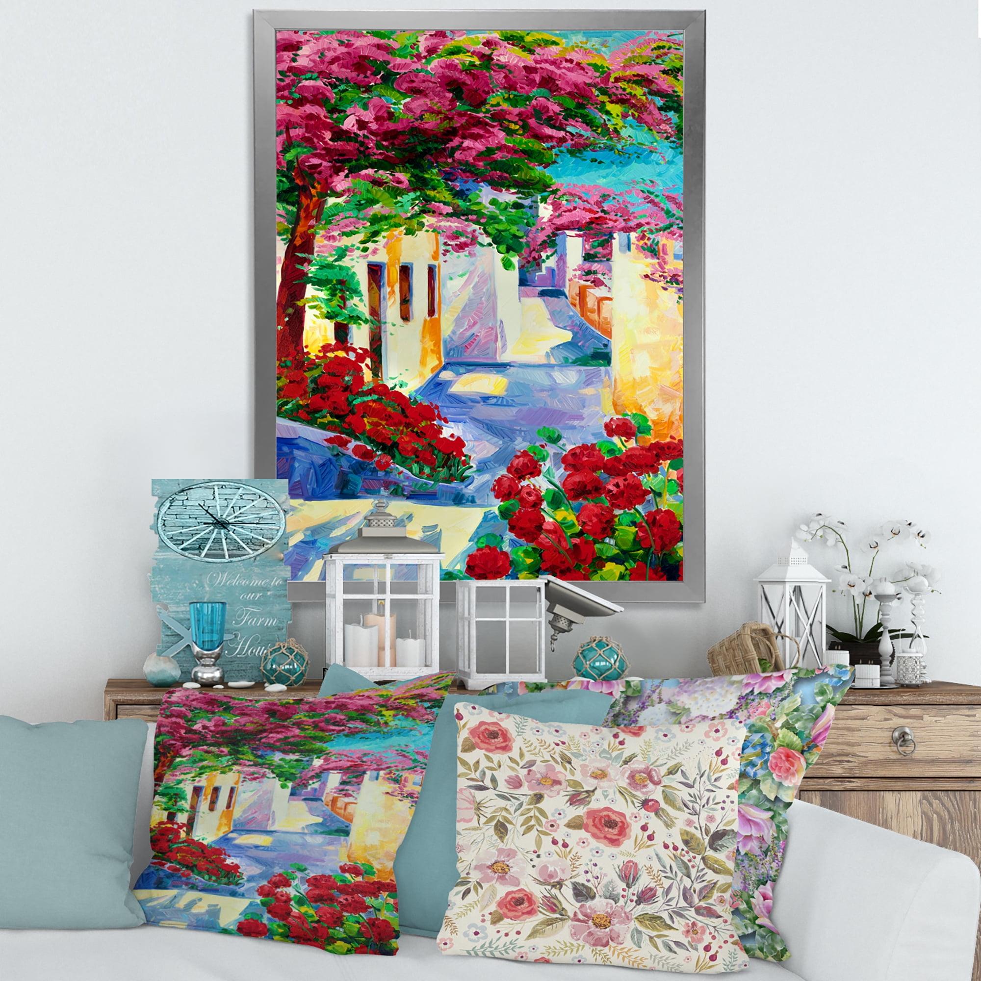 Designart 'Colorful Traditional Santorini Houses Among Flowers' Nautical & Coastal Framed Art Print