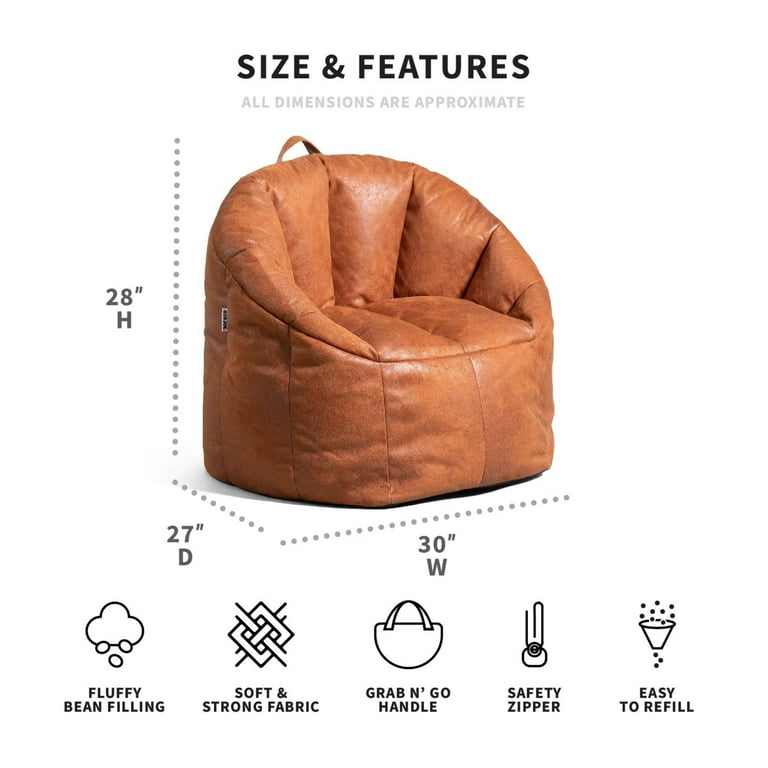 Big Joe Joey Large Bean Bag Chair in Camel All Ages Faux Leather with On The Go Handle