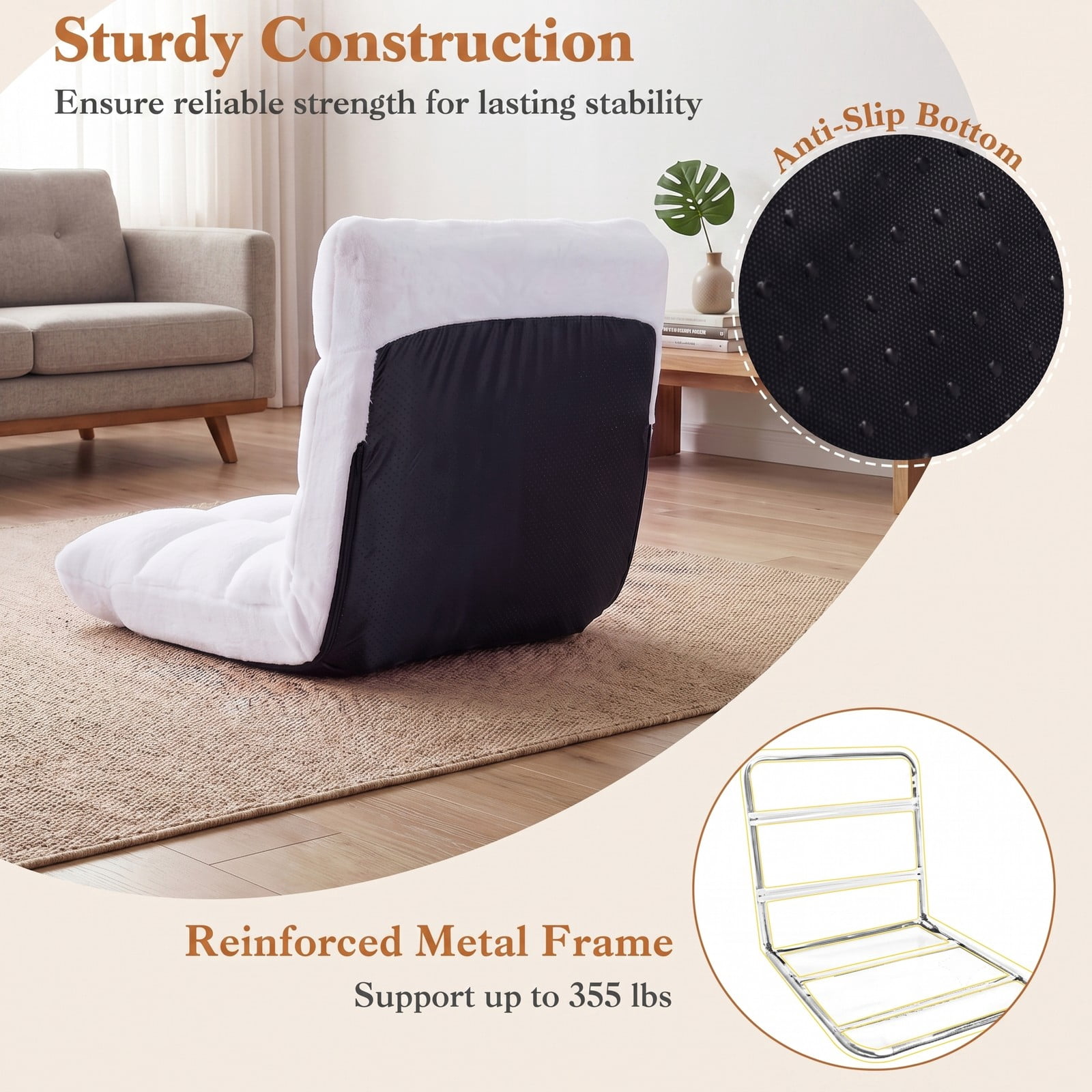 Furnibear 14-Position Adjustable Cushioned Floor Chair, Padded Folding Lazy Sofa Gaming Chair with Steel Frame Back Support for Living Room Bedroom Reading, White