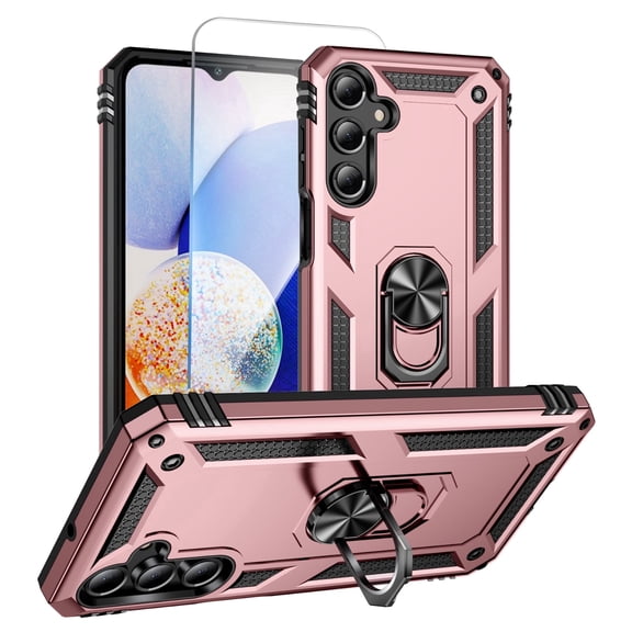 Rugged Case for Samsung Galaxy A17 5G with Tempered Glass Screen Protector, Ring Holder PC Hybrid Military Grade Shockproof Cover for Women Men, Rosegold