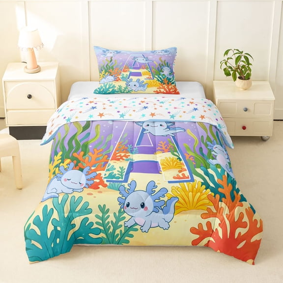 Manfei Initial A Art Twin Comforter Sets,Kawaii Axolotl Bedding Set For Girls,Blue Purple,Colorful Stars Reversible,2-Piece,1 Comforter and 1 Pillowcase