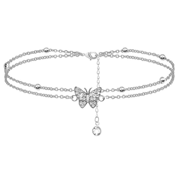 1 tobillera de doble capa con diamantes de imitación brillantes, joyería fresca para el pie de verano.