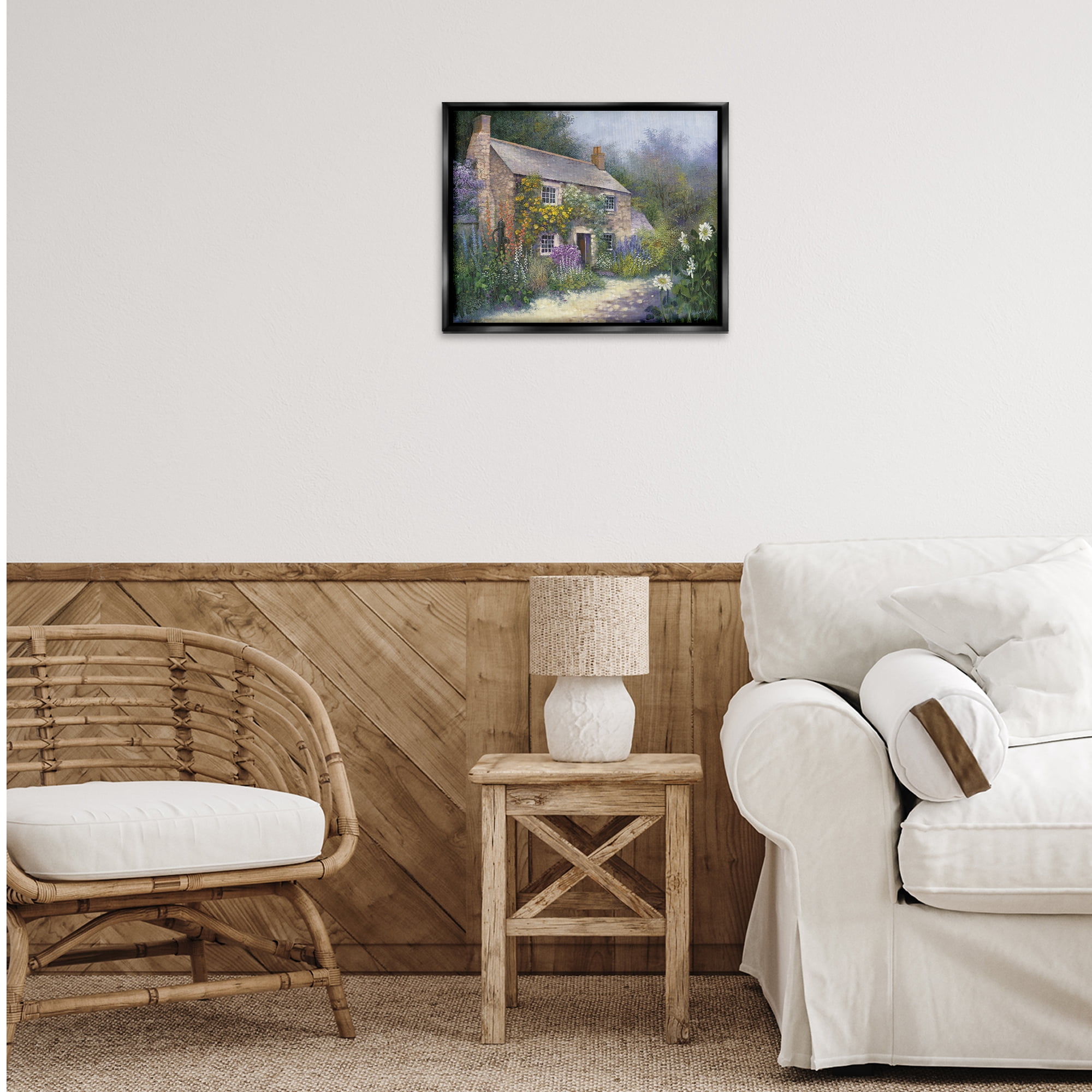 Stupell Industries Gardener's Cottage View Buildings & Architecture Painting Black Floater Framed Canvas Art Print Wall Art, 21 x 17