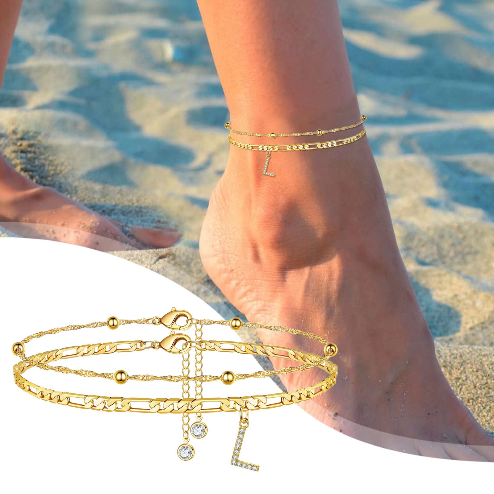 Sehao Anklet Female Foot Chain 26 Letters Zircon Double Layer Anklet