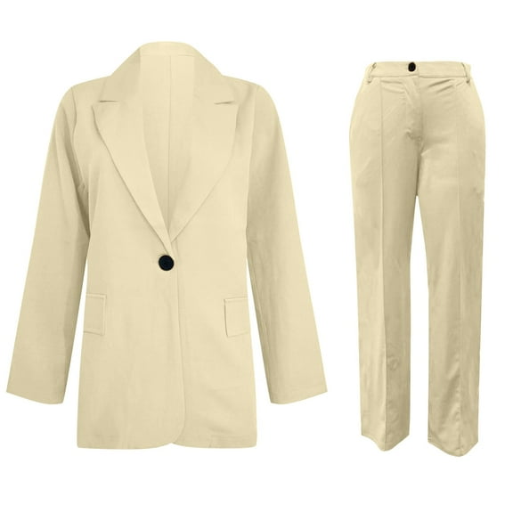 Amtdh Suits for Womens Solid Color Single-breasted Blazer and Suit Pant Set Women's Casual Two Piece Work Business Suit Set Plus Size Ladies Trendy Outfits New Fashion Beige S