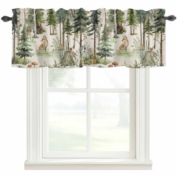 Green Forest Rod Pocket Curtain Valance, Modern Art Animals Watercolor Rustic Farmhouse Window Valance for Living Room, Bedroom, Kitchen 54"W x 18"L