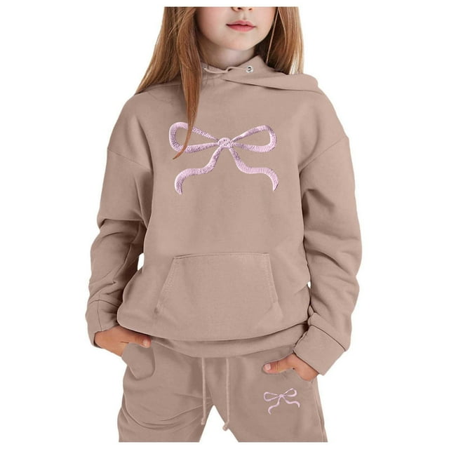 Hfolob Girls Outfit Hoodie Set With Bow Print