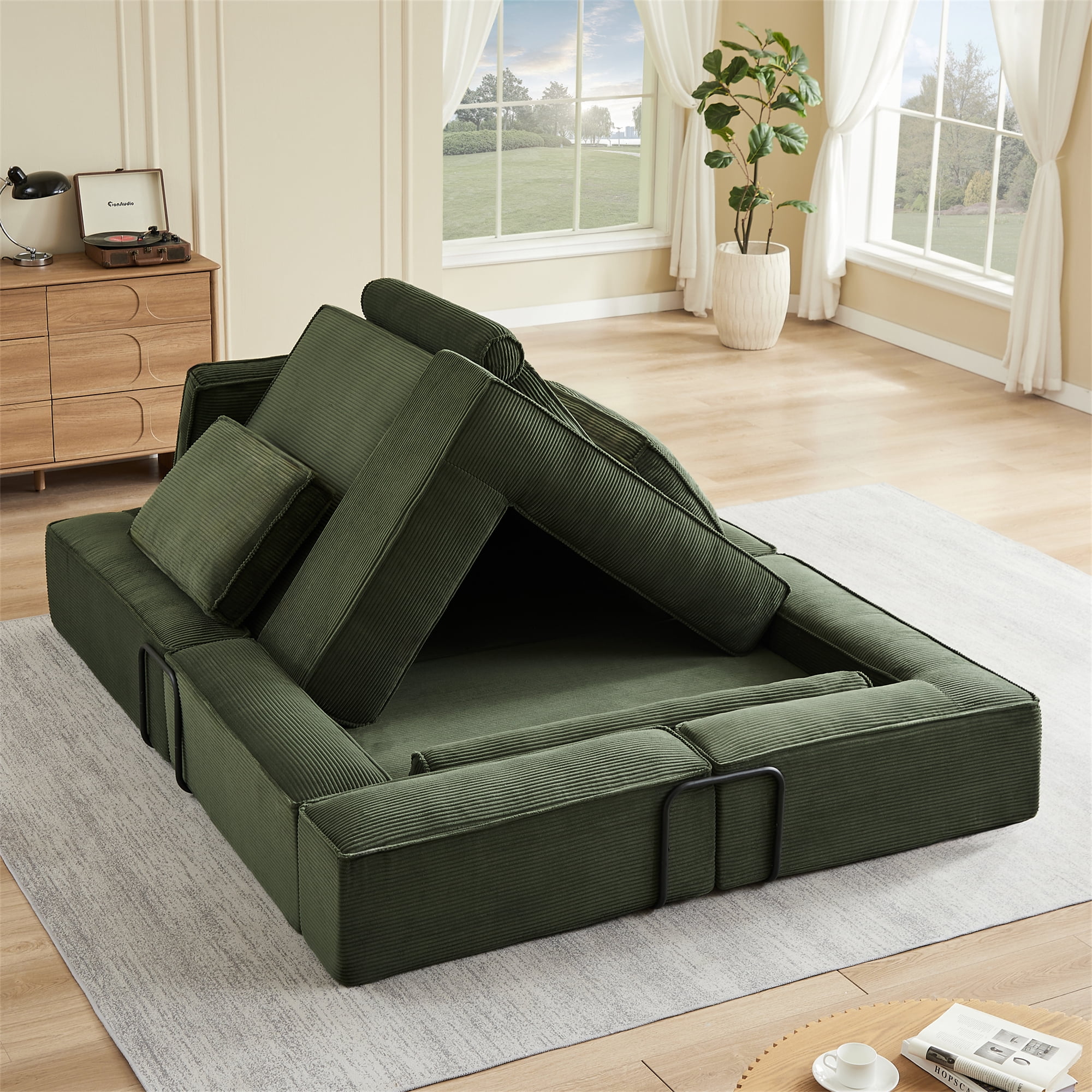 Aukfa 109" Oversized Convertible Sofa Bed Futon with Fixed Frame, Folding Pull Out Modular Boneless Sofa for Living Room, Corduroy, Green
