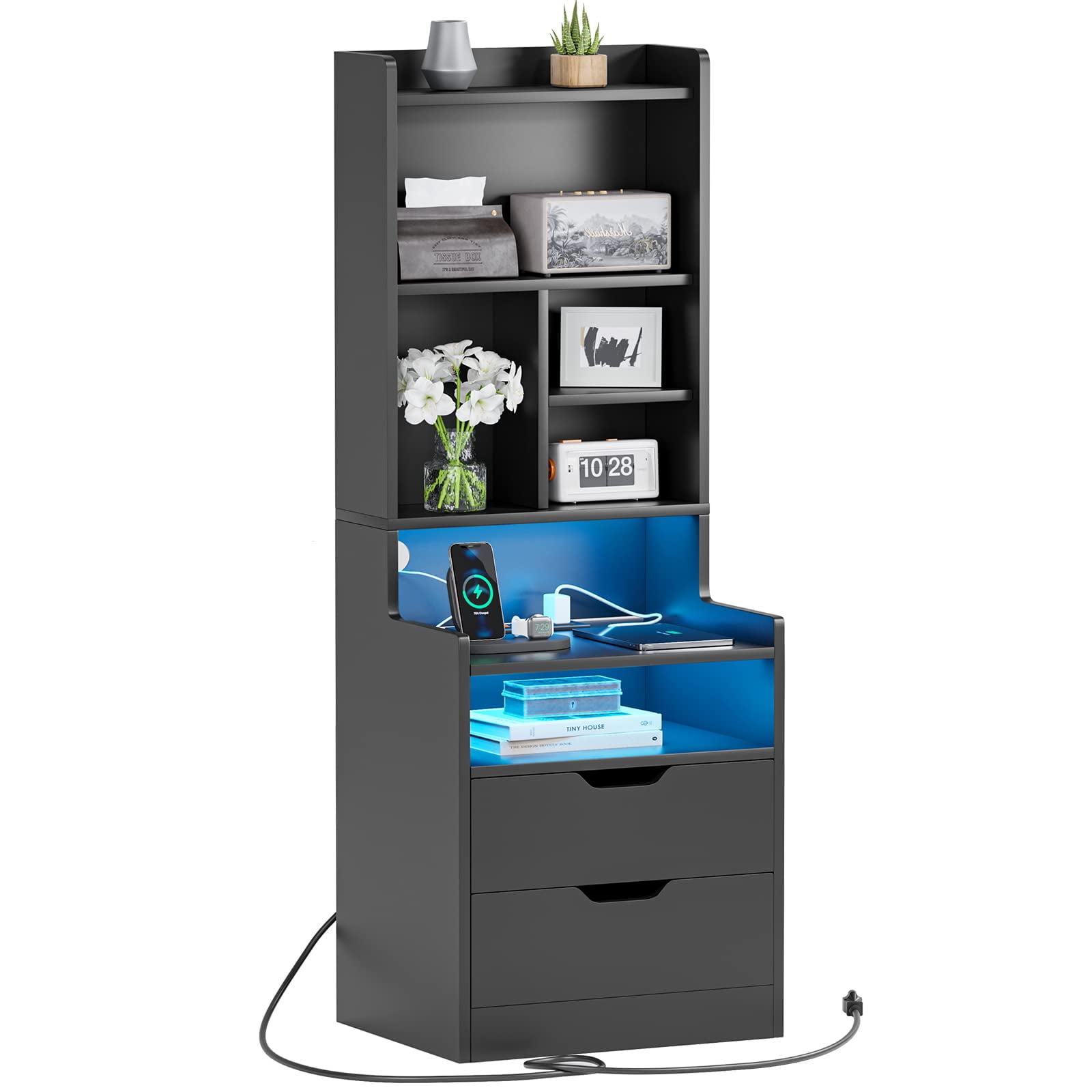 ADORNEVE Tall Nightstand with Charging Station and LED Lights, Night