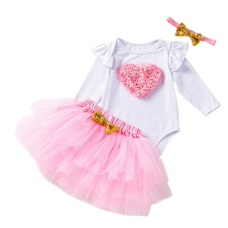 

Toddler Girls Valentine s Day Fly Sleeve Flowers Romper Bow Tie Net Yarn Short Skirts Kids Headbands Outfits