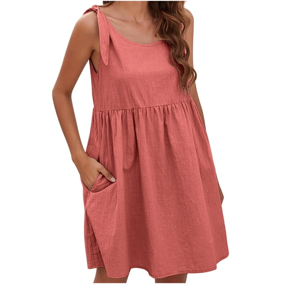 IROINNID Women's Sleeveless Solid Color Sundress Summer New Casual Bandage Doll Cotton And Linen Dress Round Neckline Knee-Length Dress