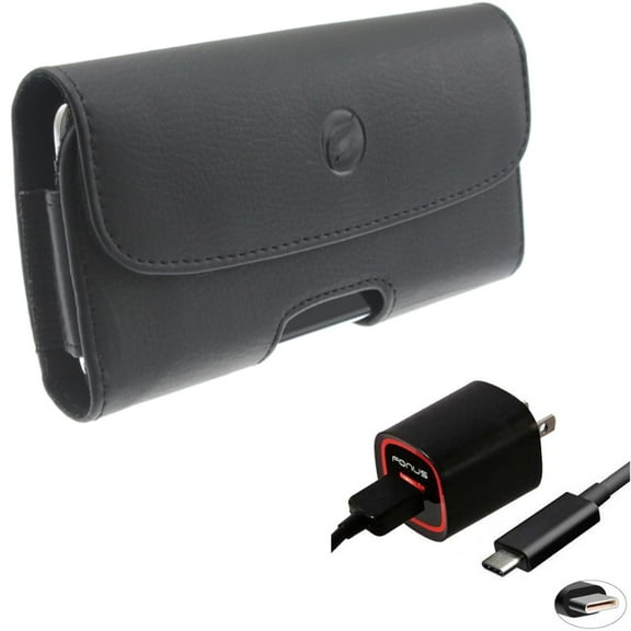 2.4A Home Charger w Leather Case Belt Clip for Samsung Galaxy A73 5G,A13 5G,A03s Phones - USB Cable TYPE-C 6ft Power, Holster Cover Pouch Loops