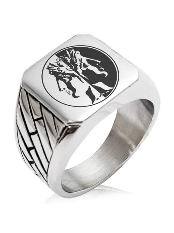 Stainless Steel Janus Greek God of Beginnings Geometric Pattern Biker Style Polished Ring
