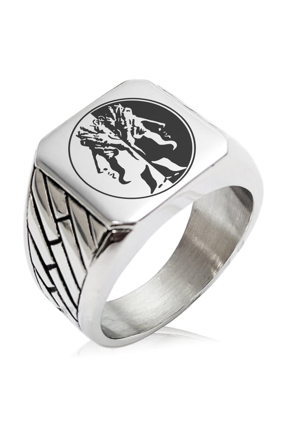 Stainless Steel Janus Greek God of Beginnings Geometric Pattern Biker Style Polished Ring