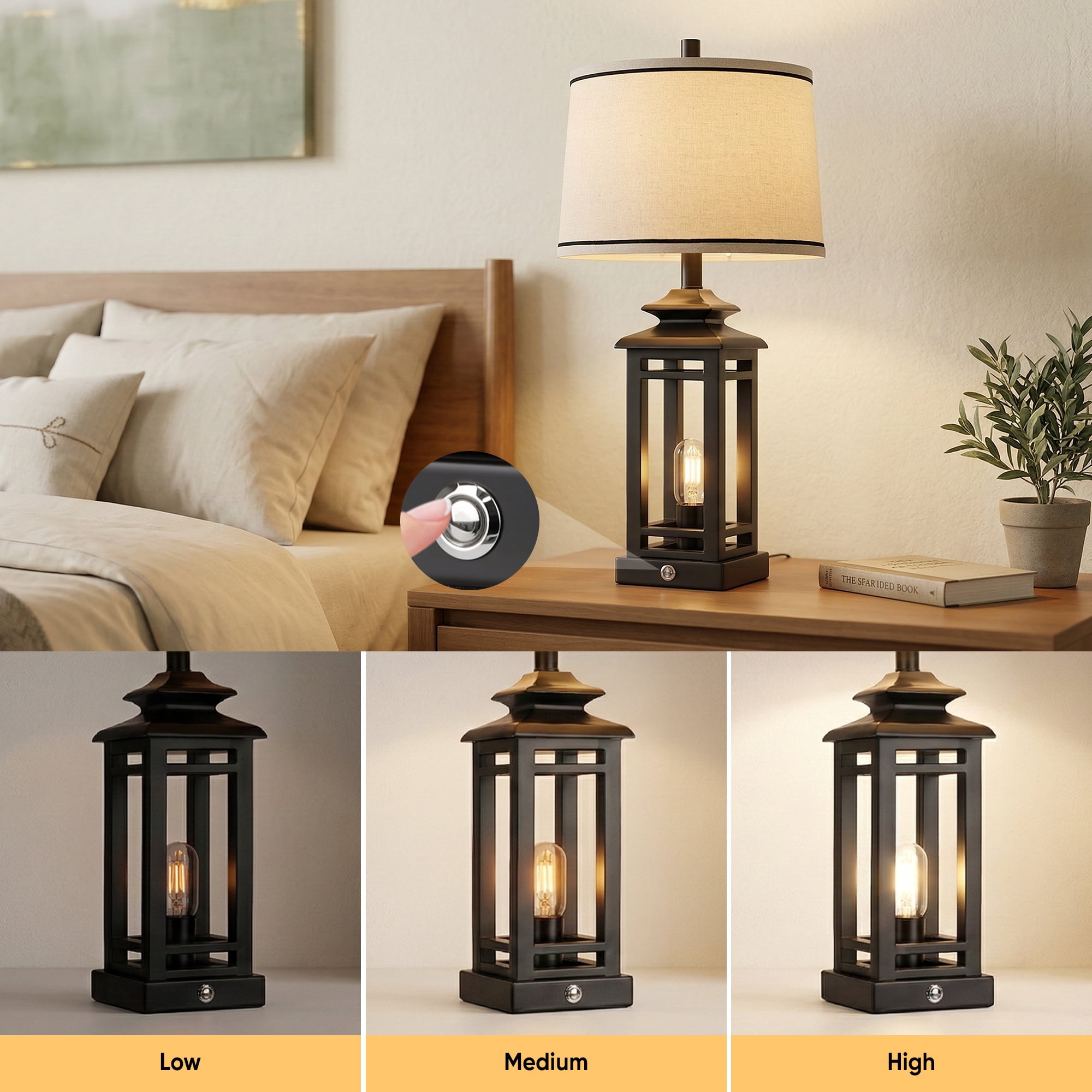 26in Farmhouse Table Lamp Black Desk Lamp with Linen Shade, LED Bulbs Included for Bedroom Living Room
