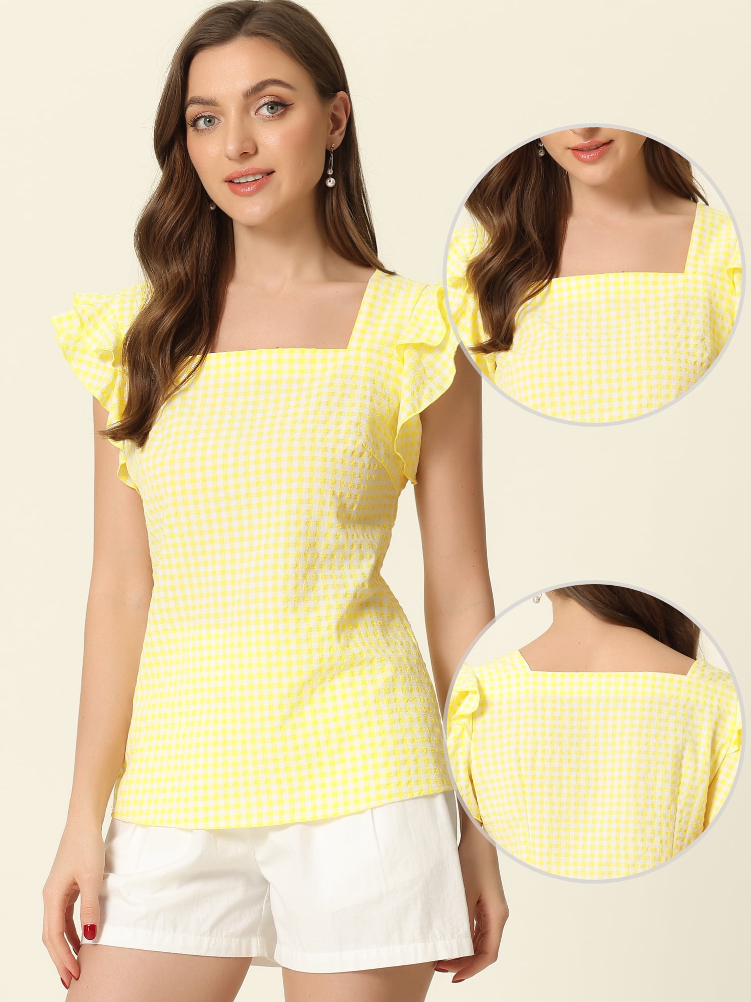 DARING DIVA Square Neck Ruffle Sleeve Blouse XL Yellow
