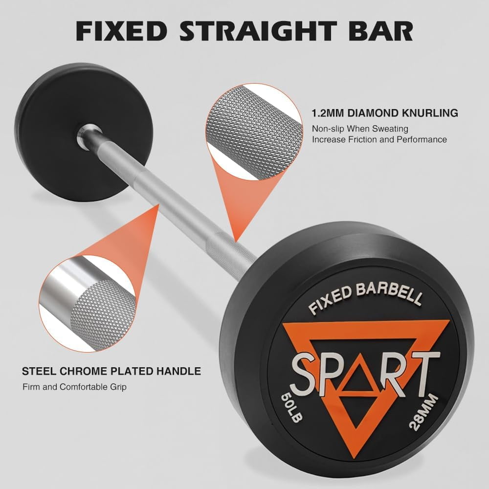 Rubber Coated Fixed Barbell 10LB, Solid Steel Weighted Bar for Strength Training, Bodybuilding & Home Gym
