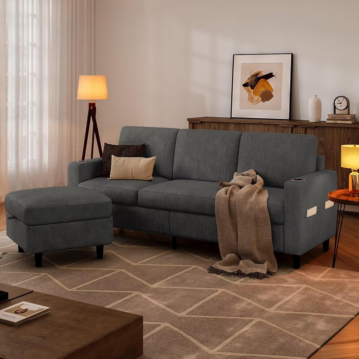 Modern L-Shaped Sectional Sofa with Storage Ottoman and 2 Cup Holders, Convertible 3-Seater Corduroy Couch with Side Pockets for Small Apartments, Living Rooms, and Offices, Dark Gray