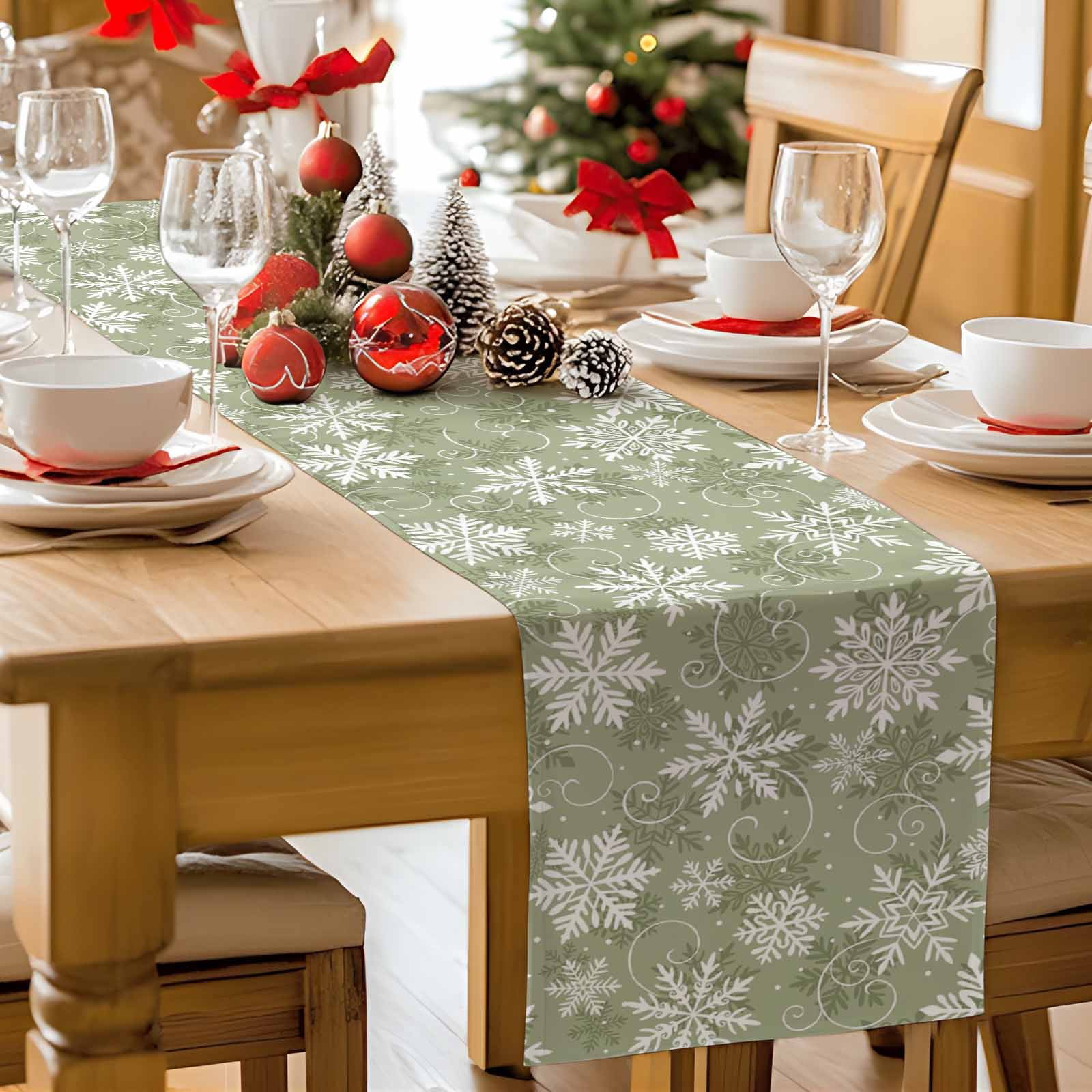 Table Runner Dresser Scarves 90 Inch Long,Sage Green Christmas Snowflake Linen Dining Table Runners