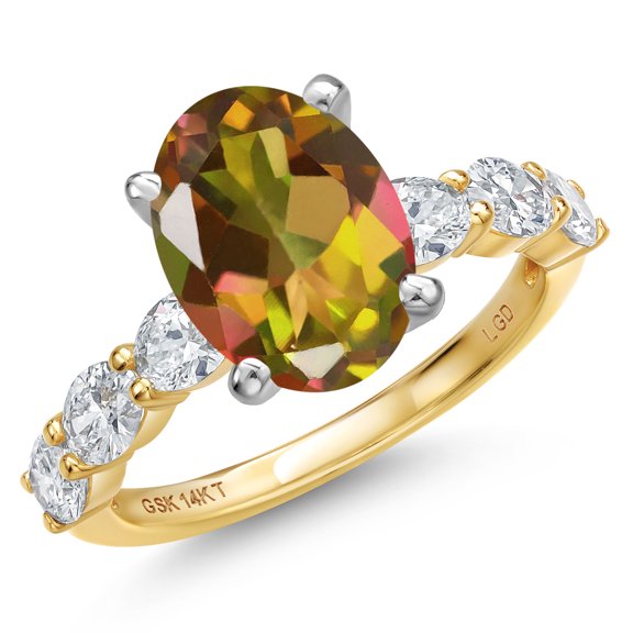 Gem Stone King 14K Two Tone Gold Mango Mystic Topaz and Lab Grown Diamond Engagement Ring for Women | 5.40 Cttw | Oval 11X9MM | Gemstone November Birthstone | Size 9