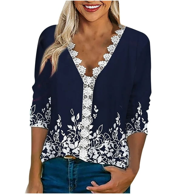 Tops de Mujer Elegantes Blusas Casuales Camisas de Encaje Estampado de Moda Tres Cuartos Seeves Cuello en V Odeerbi ODB168738