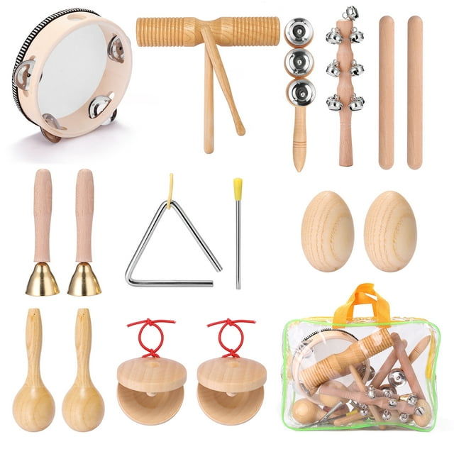 Musical 11pcs Children Hand Percussion Instruments Kit, a multicoloured set of wooden, plastic, and metal instruments including tambourine, maracas, egg shakers, castanets, rhythm sticks, handbells, jingle stick, triangle, and sounder. Ideal for kids' music education and preschool activities. Includes a transparent storage bag with yellow handles.