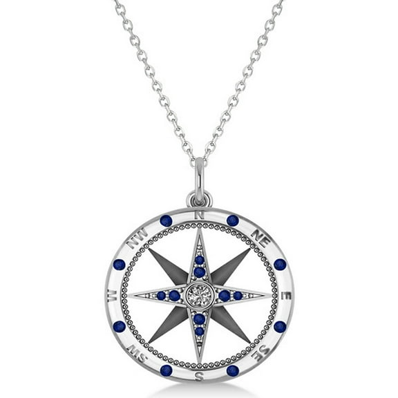 Compass Pendant Blue Sapphire and Diamond Accented 14k White Gold (0.19ct)