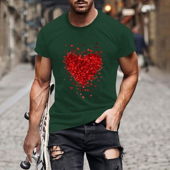 Valentines Day Mens Short Sleeve T-Shirt, Heart Print Shirt Men, Man Valentine's Day Printing Short Sleeved Tops Fitness T-Shirt Blouses
