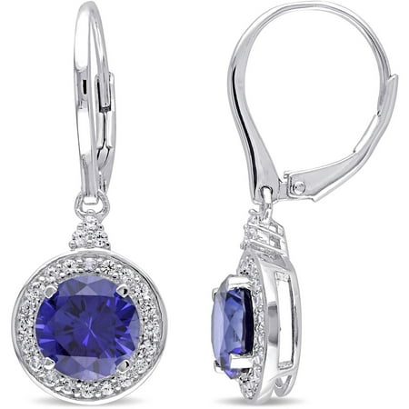 Tangelo 5-1/4 Carat T.G.W. Created Blue and White Sapphire Sterling Silver Halo Dangle Earrings
