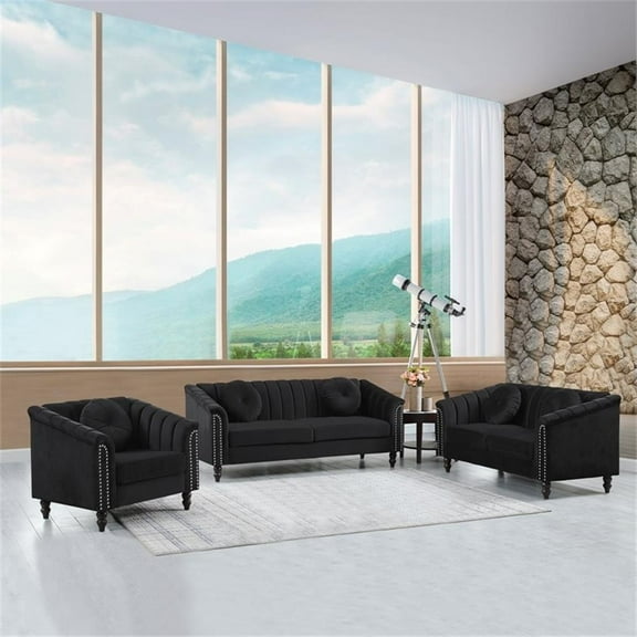 Jessica 3 Pieces Black Microfiber Living Room Set Modern Velvet Sofa Set pillow