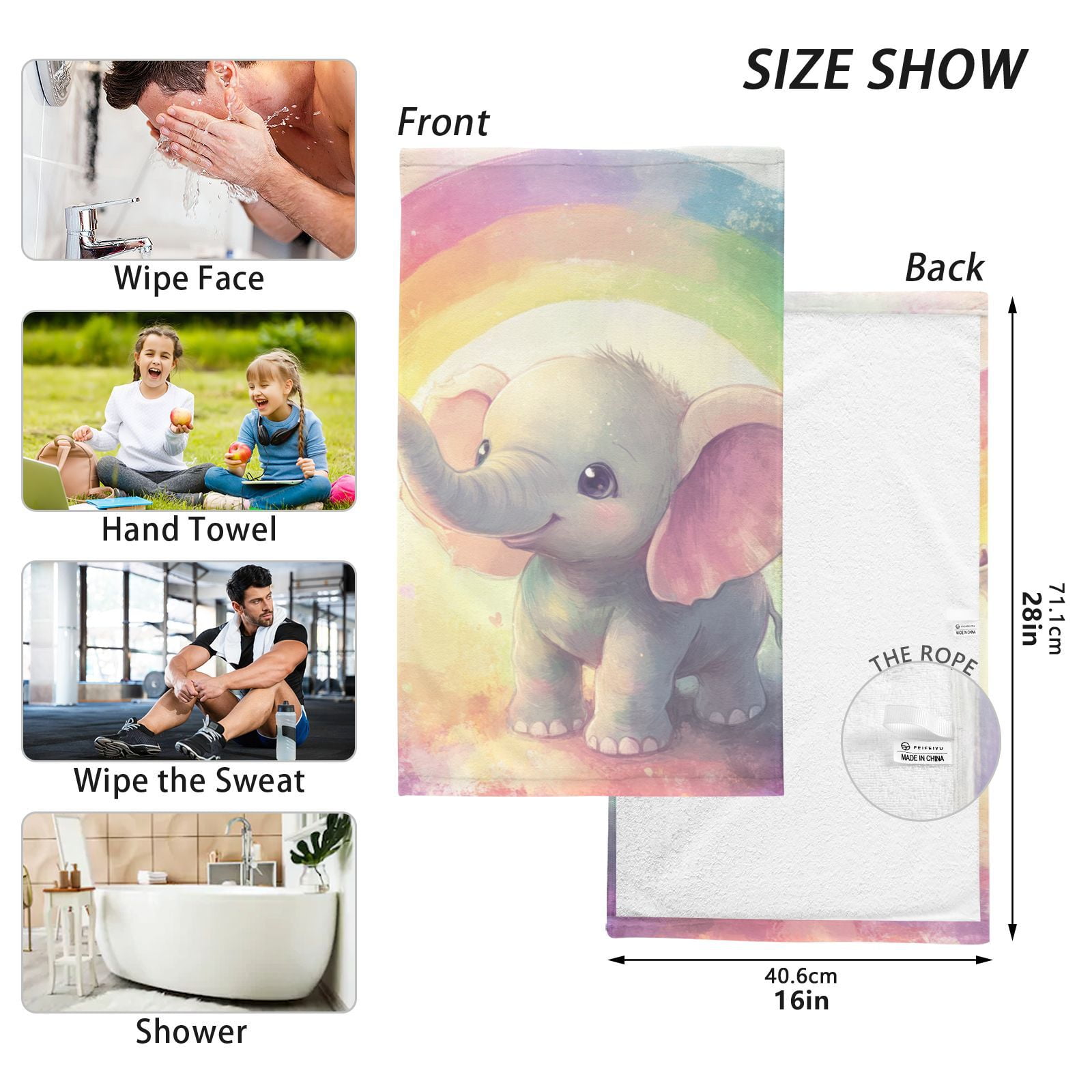 Elephants with Rainbows Hand Towels Cotton Bath Towels Large Face Towels Absorbent for Bathroom 2 Packs
