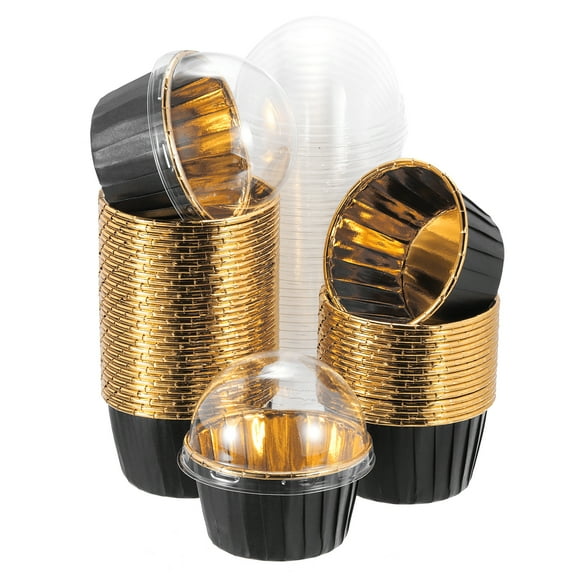 Uxcell 50 Pcs Single-sided Aluminum Foil Cupcake Liners with Lids, Greaseproof Muffins Baking Cupcakes for Wedding Birthday Party Decoration, Black (Round)
