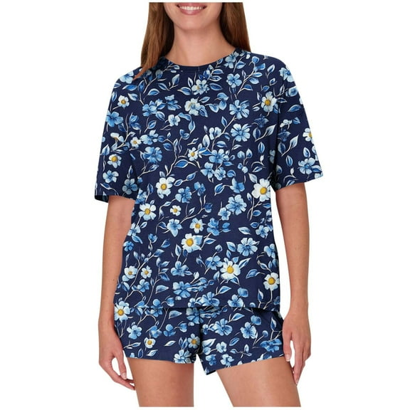 Pajamas Sets for Women 2 Piece Shorts Under $10 Casual Loose Printing Round Neck Short Sleeved Shorts Pajamas Suit