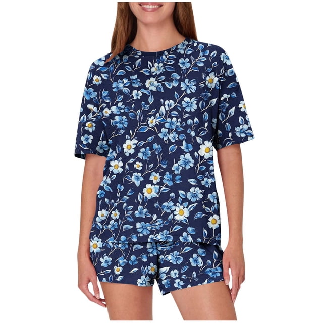 Trajes de Pantalones para Mujeres Casual Suelta Impresión Manga Corta, Cuello Redondo Pantalones Cortos Pijamas Poliéster