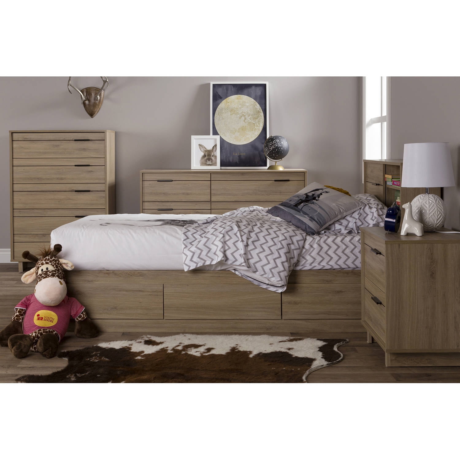 South Shore Fynn Twin Mates Bed with Storage Drawers, Rustic Oak